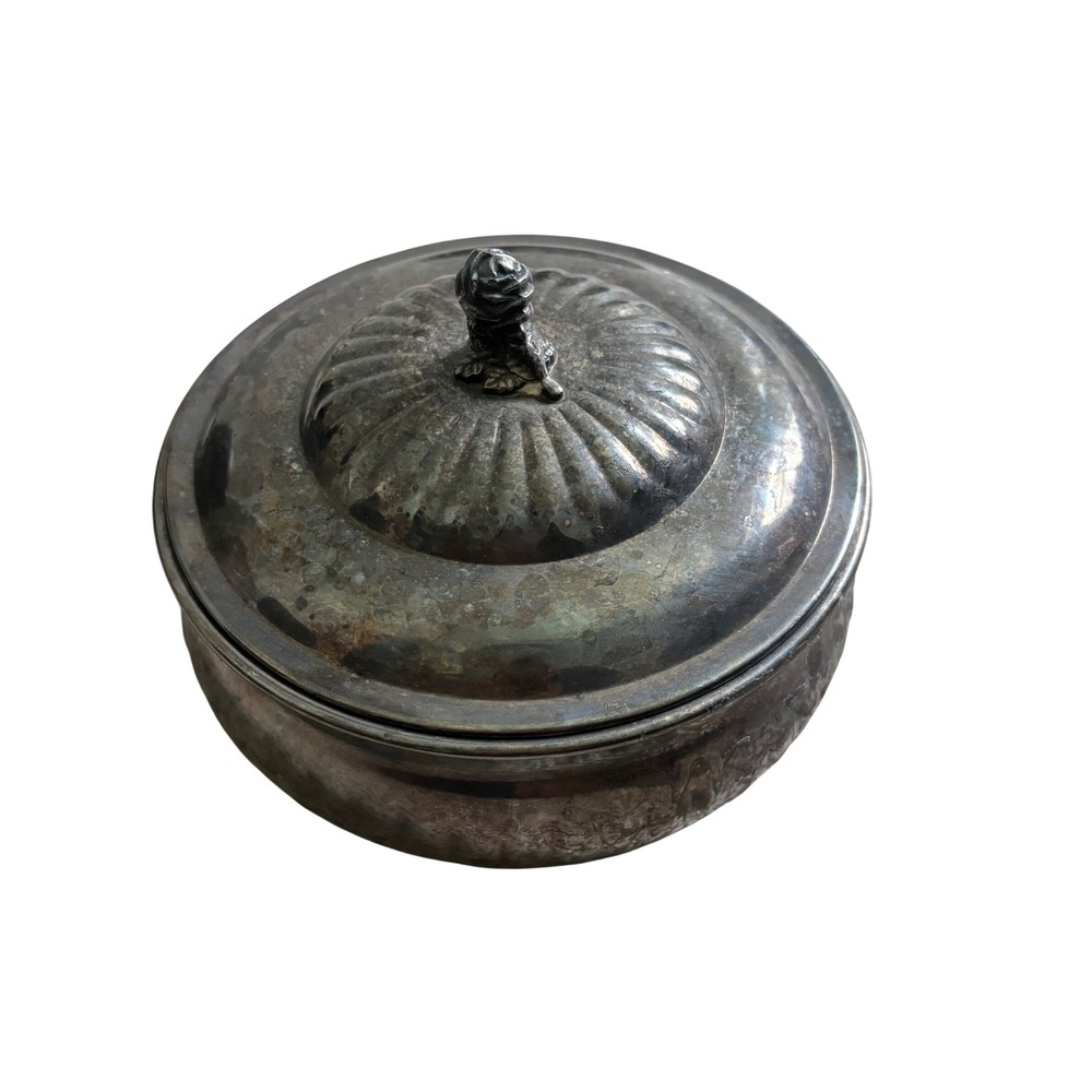 Wallace Silverplate Rose Finial Round Trinket Box Vintage‎ 9330 Gadroon Edge USA